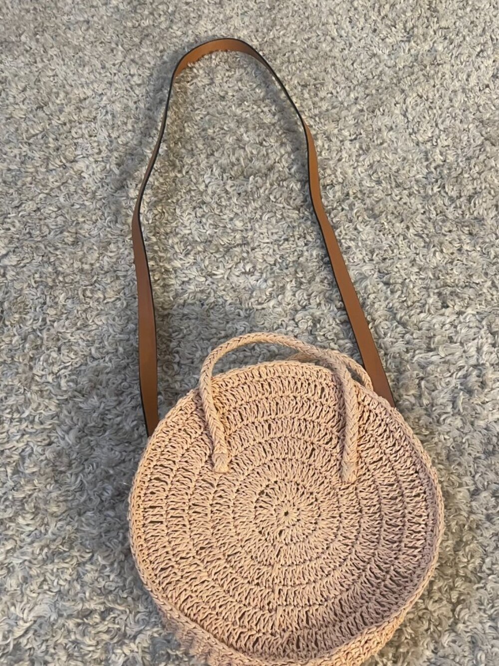 H&M Boho Round Straw Crossbody Bag Tan Woven Circle Purse - Picture 2 of 7
